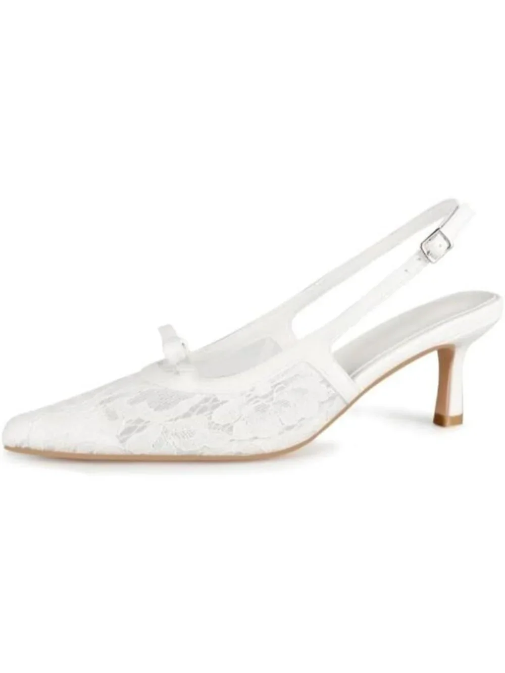 Women's White Mesh Kitten Heels with Bow Pointed Close Toe Pumps Dress Party
